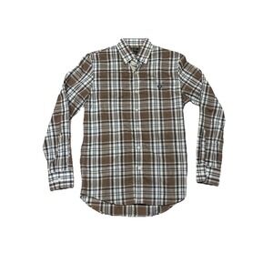 Fred Perry Long Sleeve Tartan Button Up Shirt Size Medium Slim Fit Brown Grey